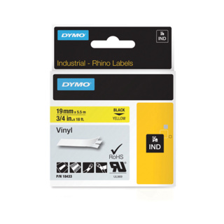 DYMO® Original IND-tejp för Rhino, 19 mm x 5,5 m, färgad vinyl, svart på gult