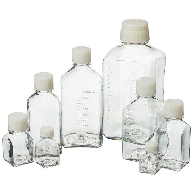 Mediaflaska med lock, Nalgene, PETG/HDPE, fyrkantig, steril, 250 mL, 60 st.