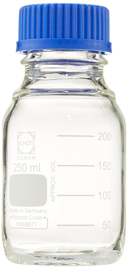 BlueCap flaska, DURAN, m/blått lock, 250 ml. 10/pk