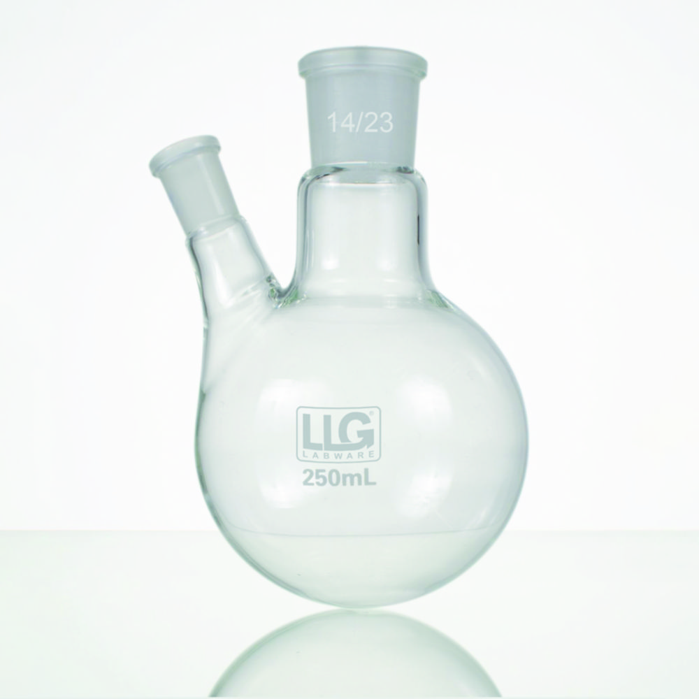 Rundkolv, 2 halsar, cent: NS14/23, vinklad sidohals: NS14/23, 250 ml