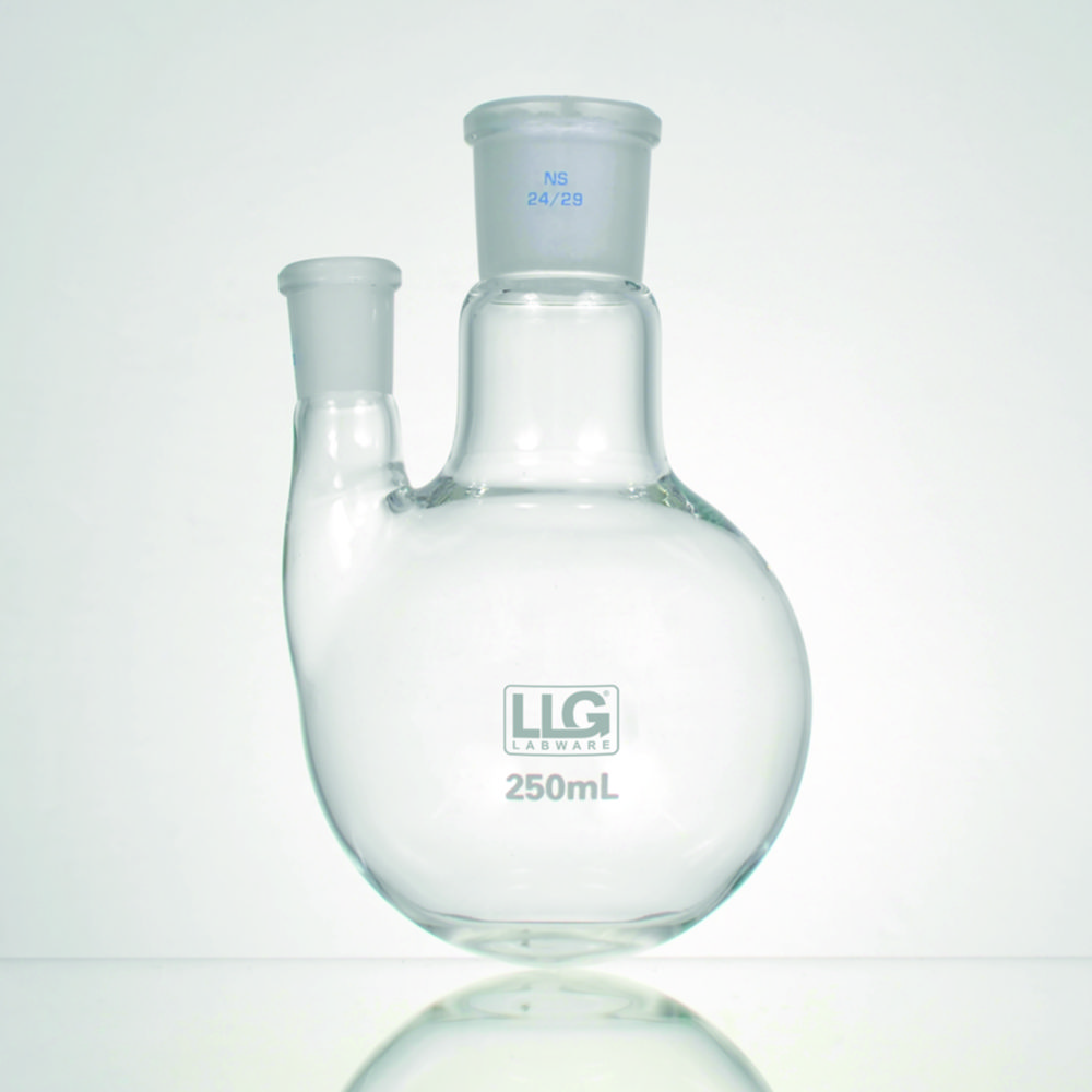 Rundkolv, 2 halsar, cent: NS29/32, vinklad sidohals: NS14/23, 100 ml