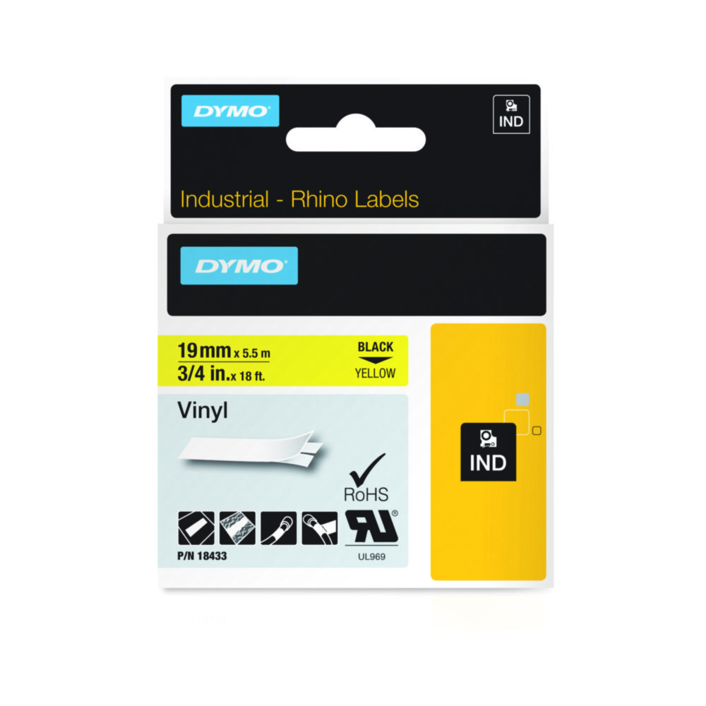 DYMO® Original IND-tejp för Rhino, 19 mm x 5,5 m, färgad vinyl, svart på gult