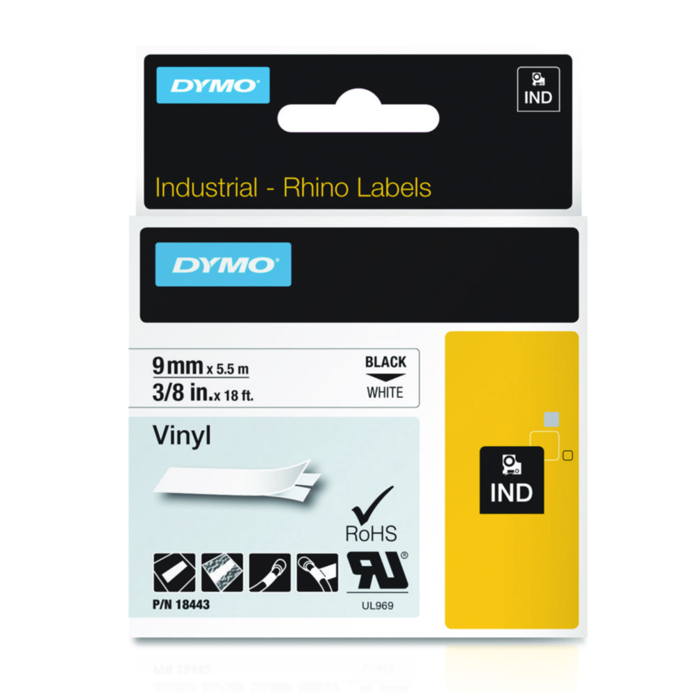 DYMO® Original IND-tejp för Rhino, 9 mm x 5,5 m, färgad vinyl, svart på vit