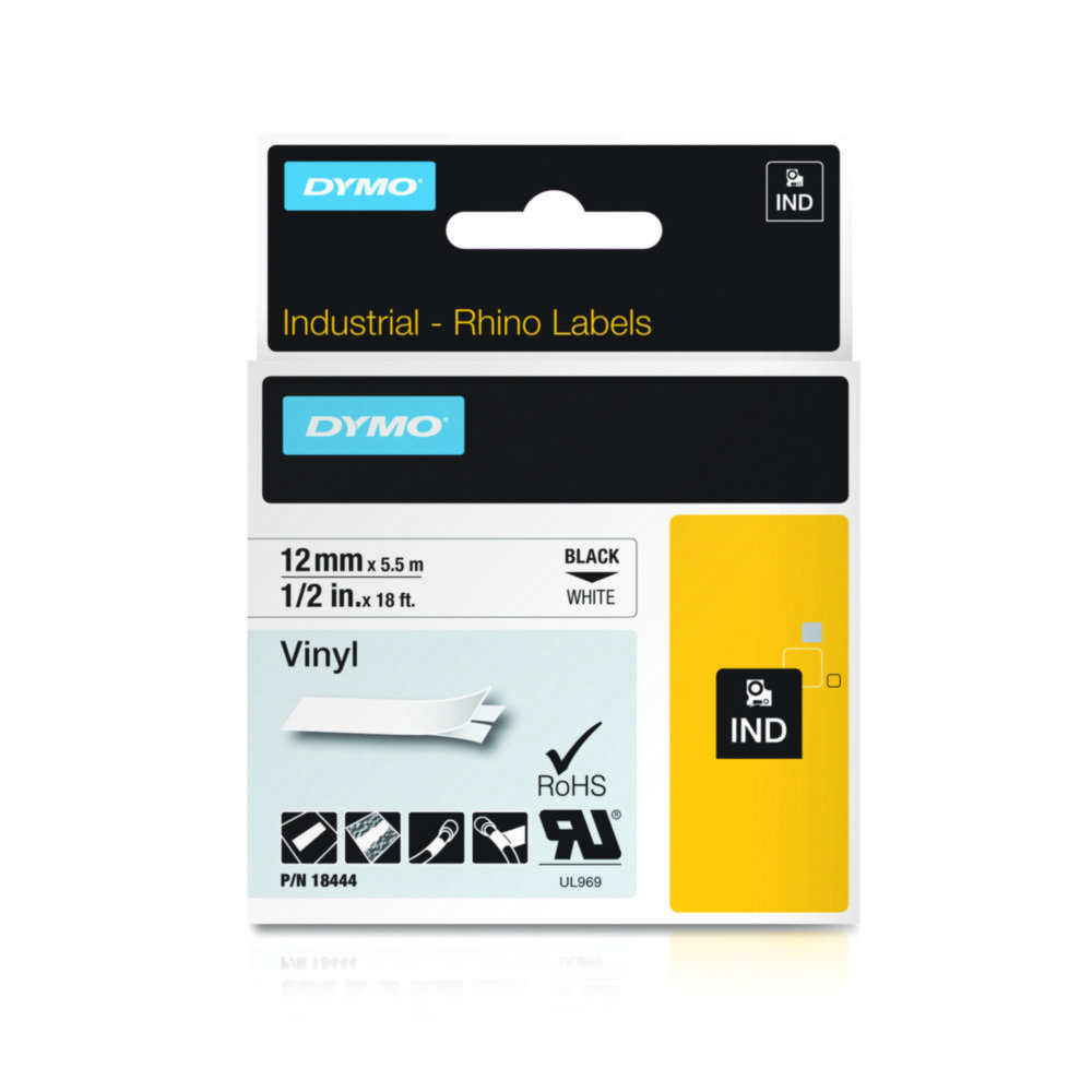 DYMO® Original IND-tejp för Rhino, 12 mm x 5,5 m, färgad vinyl, svart på vit