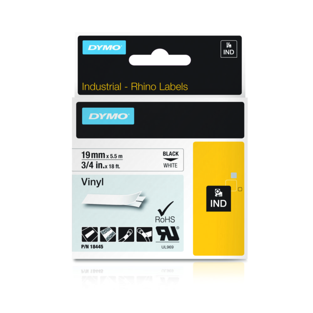 DYMO® Original IND-tejp för Rhino, 19 mm x 5,5 m, färgad vinyl, svart på vit