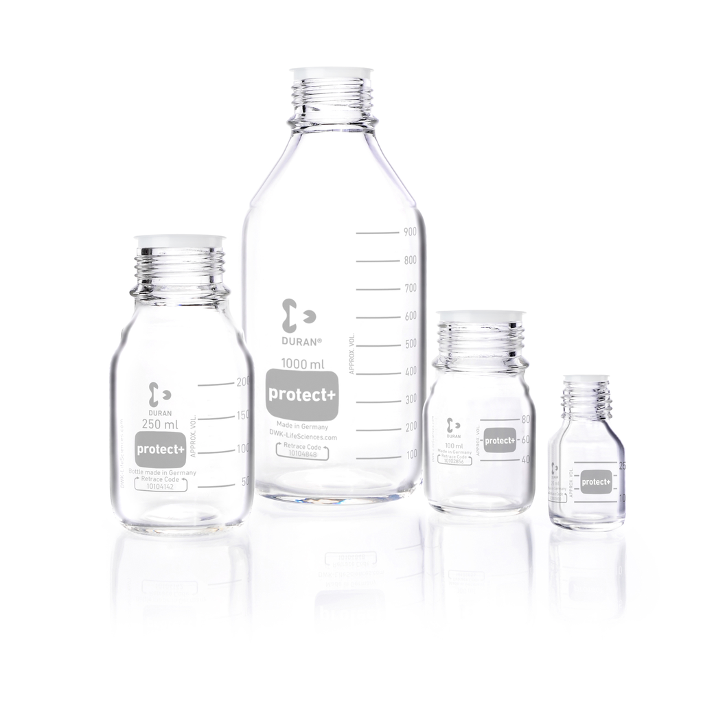 DURAN® laboratorieglasflaska GL 45, klar, skydda+ plastbelagd, med dammlock, 5000 ml