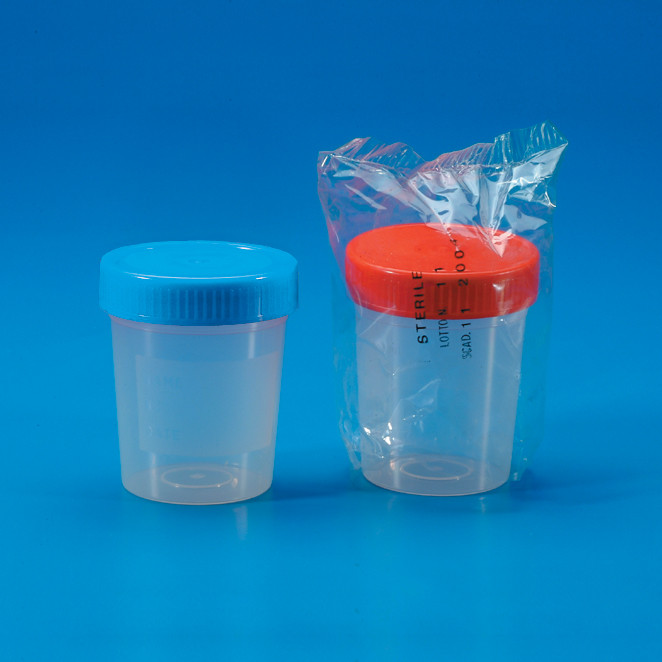 Provbehållare,PP,rött lock,steril, Ø62,5mm,150ml