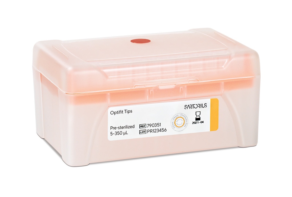 Optifit-Pipettespets, Sartorius, 5-350 µl, längd 54,0 mm, 10 rack med 96 st, sterila