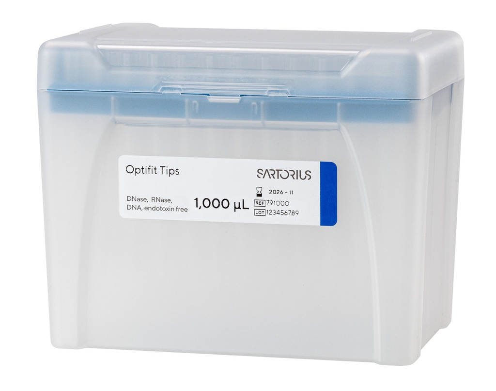 Optifit-Pipettespets, Sartorius, 10-1000 µl, längd 71,5 mm, 10 rack med 96 st, sterila