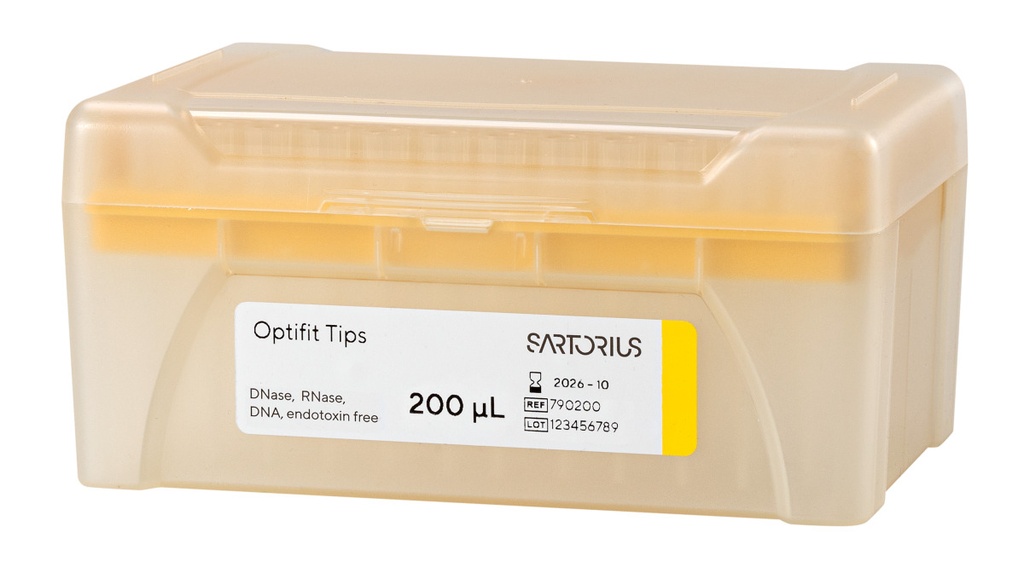 Optifit-pipettspetsar, Sartorius, 0,5-200 µl, längd 51,0 mm, 10 rack med 96 st, sterila