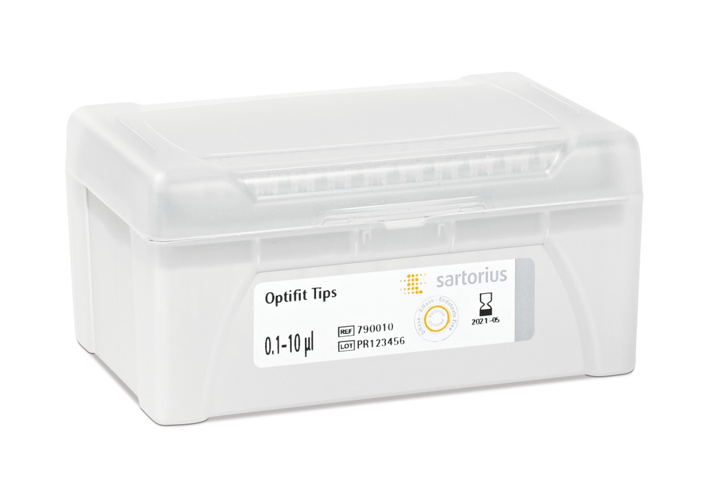 Optifit-pipettspetsar, Sartorius, 0,1-10 µl, längd 31,5 mm, 10 rack med 96 st.