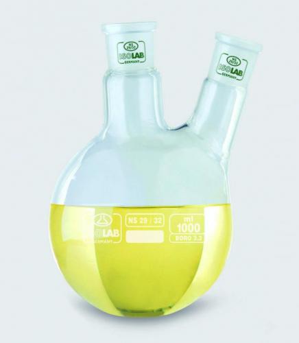 Rundkolv, 100 ml, 2 halsar, mitt, NS29, sida, NS14