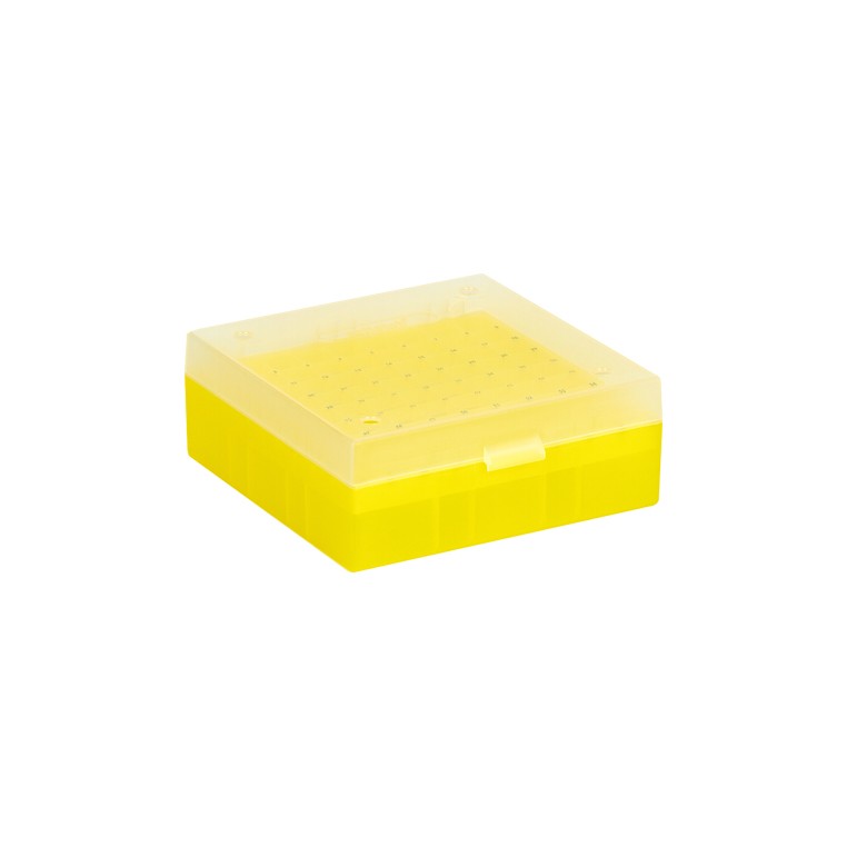 [1520011] Kryobox, Ratiolab, 133 x 133 x 52 mm, PP, 9 x 9, 1,2/2,0 ml kryorör, gul