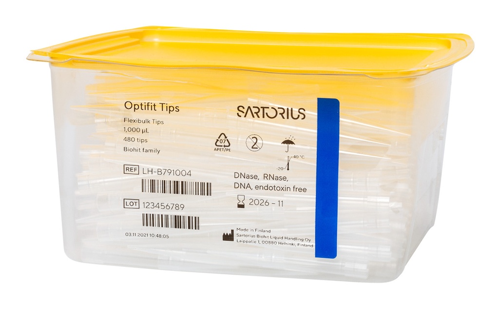 Optifit-pipettspetsar, Sartorius, 10-1000 µl, längd 71,5 mm, FlexiBulk paket med 480 st.