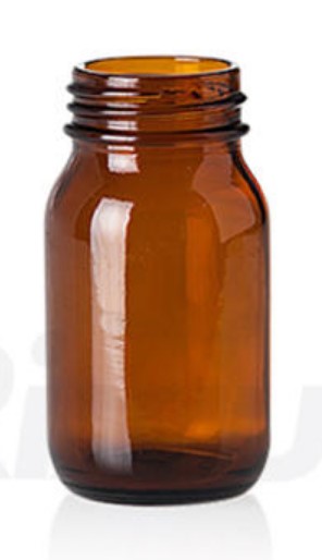 Flaska, sodaglas, vid hals, DIN 40, brun, 100 ml