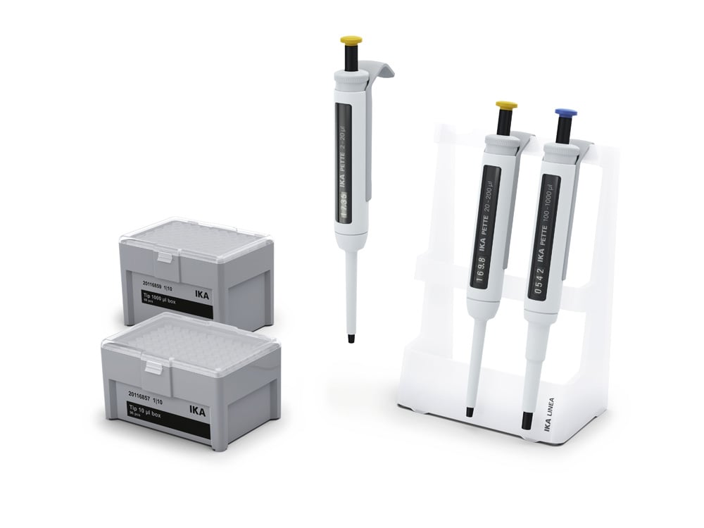Pipettset, IKA PETTE Classic, 3 pipetter, 2-20, 20-200, 100-1000 µl, med pipettspetsar och stativ