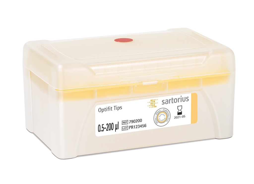 Optifit-pipettspetsar, Sartorius, 0,5-200 µl, längd 51,0 mm, 10 rack med 96 st.