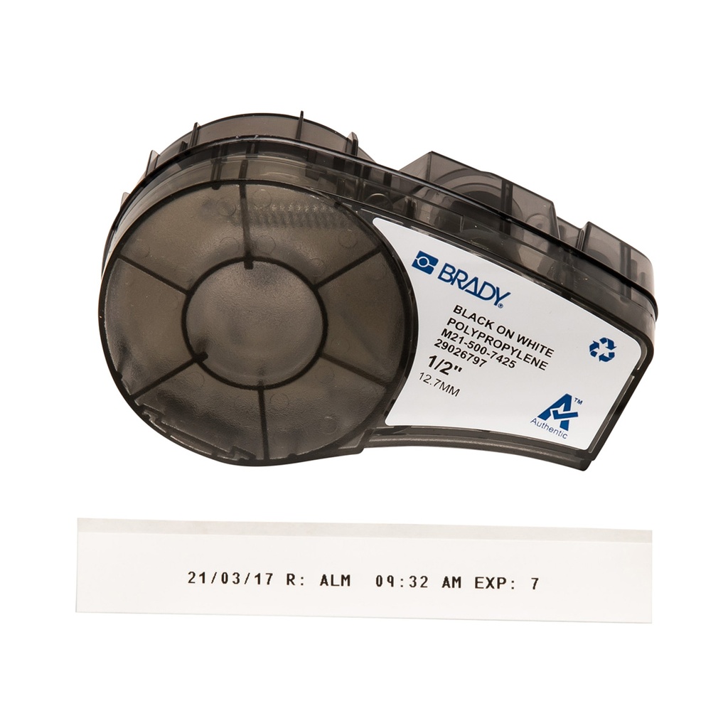 Tejp, Brady 7425, 9,53 mm x 6,4 m., PP, -192°C, svart på vit