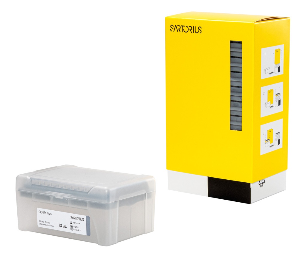 Optifit-Pipettespets, Sartorius, 0,1-10 µl, längd 31,5 mm, refill paket med 10x96 st.