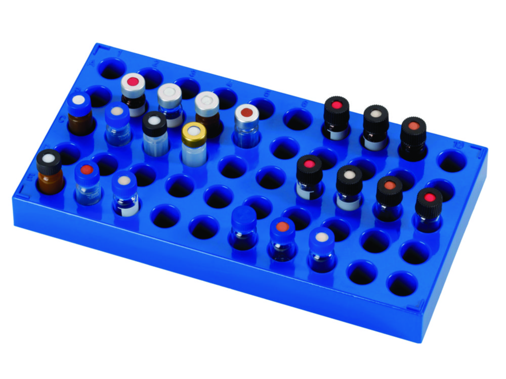 Rack till vialer, LLG, PP, blå, 50 x 1,5 mL, 200 x 105 x 17 mm