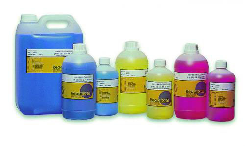 Buffert, Reagecon, pH 4,00 ± 0,01, 20 °C, röd, 500 mL