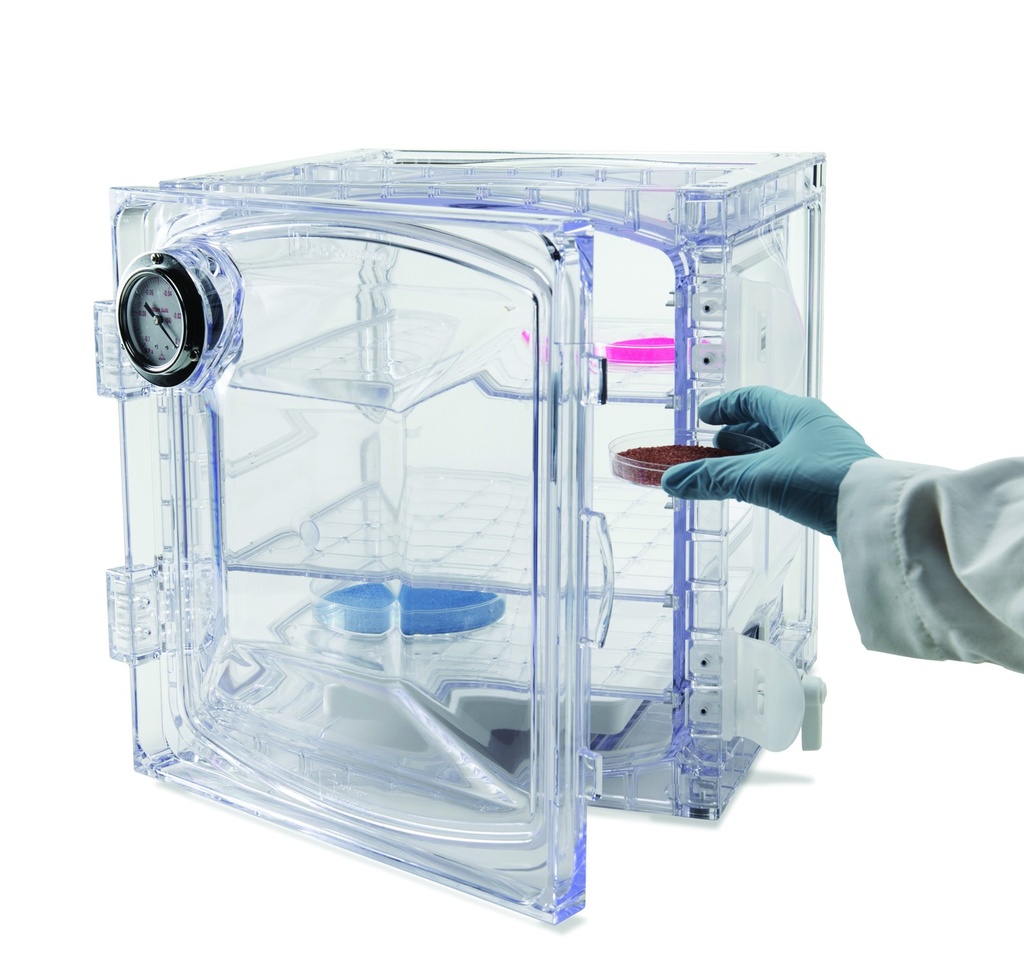 Exsickator, PC, kubisk, manometer och kran, klar, 35 L