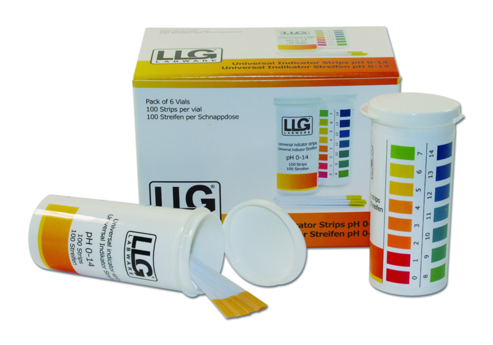 [9129808] pH-indikatorpapper, LLG Premium, strips, pH 0 - 14, PlopTop, 100 st.