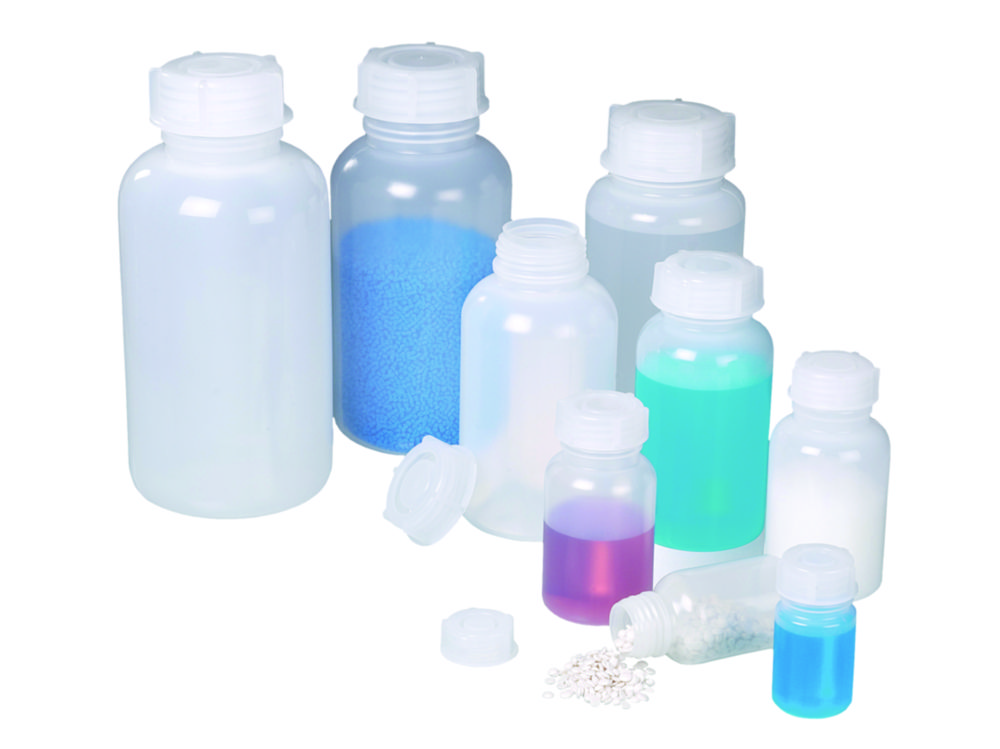 Provflaska med vid hals, LDPE, m/lock, 250 ml