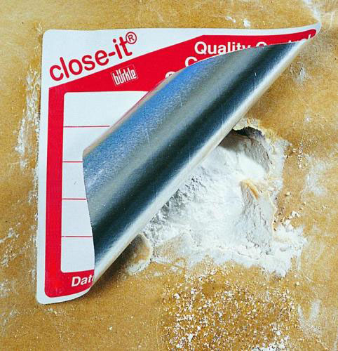 "Close it" Food etiketter, 95 x 95 mm, gul kant